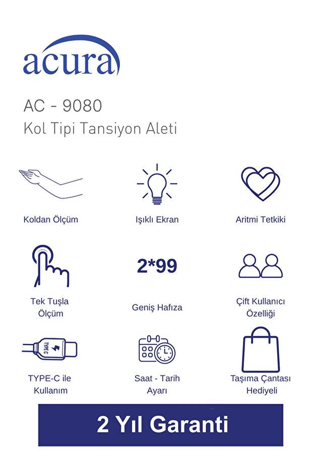 Acura Ac-9080 Işıklı Ekranlı 198 Hafızalı Koldan Tansiyon Aleti